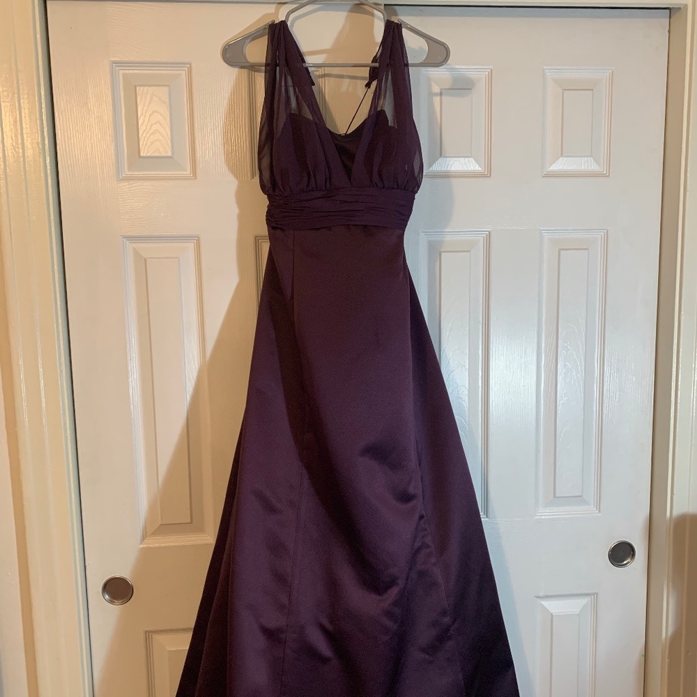 David's Bridal Satin Empire Waist Ball Gown with Halter in Plum